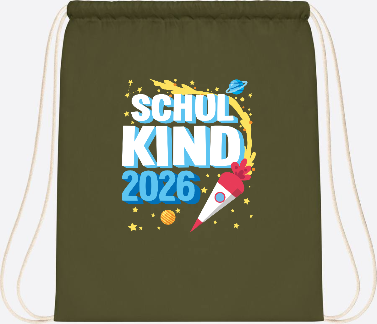 Turnbeutel Endlich Schulkind 2025 Rakete personalisiert - Olive Green