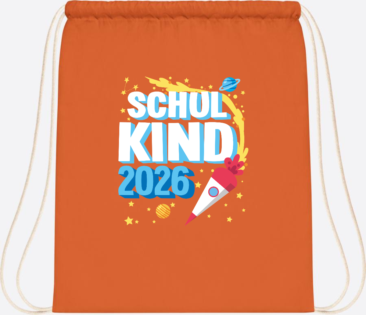 Turnbeutel Endlich Schulkind 2025 Rakete personalisiert - Orange