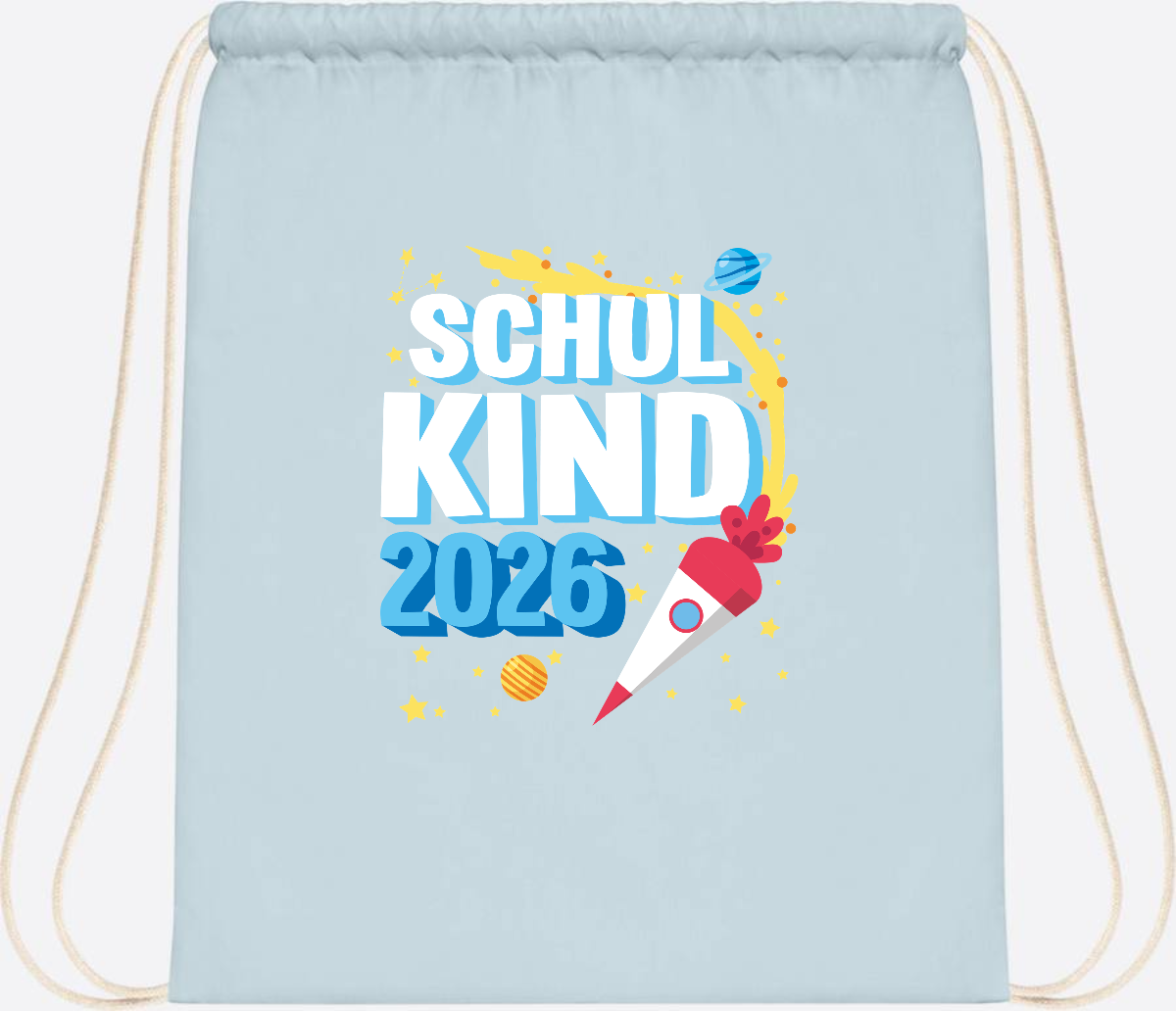 Turnbeutel Endlich Schulkind 2025 Rakete personalisiert - Pastel Blue/White