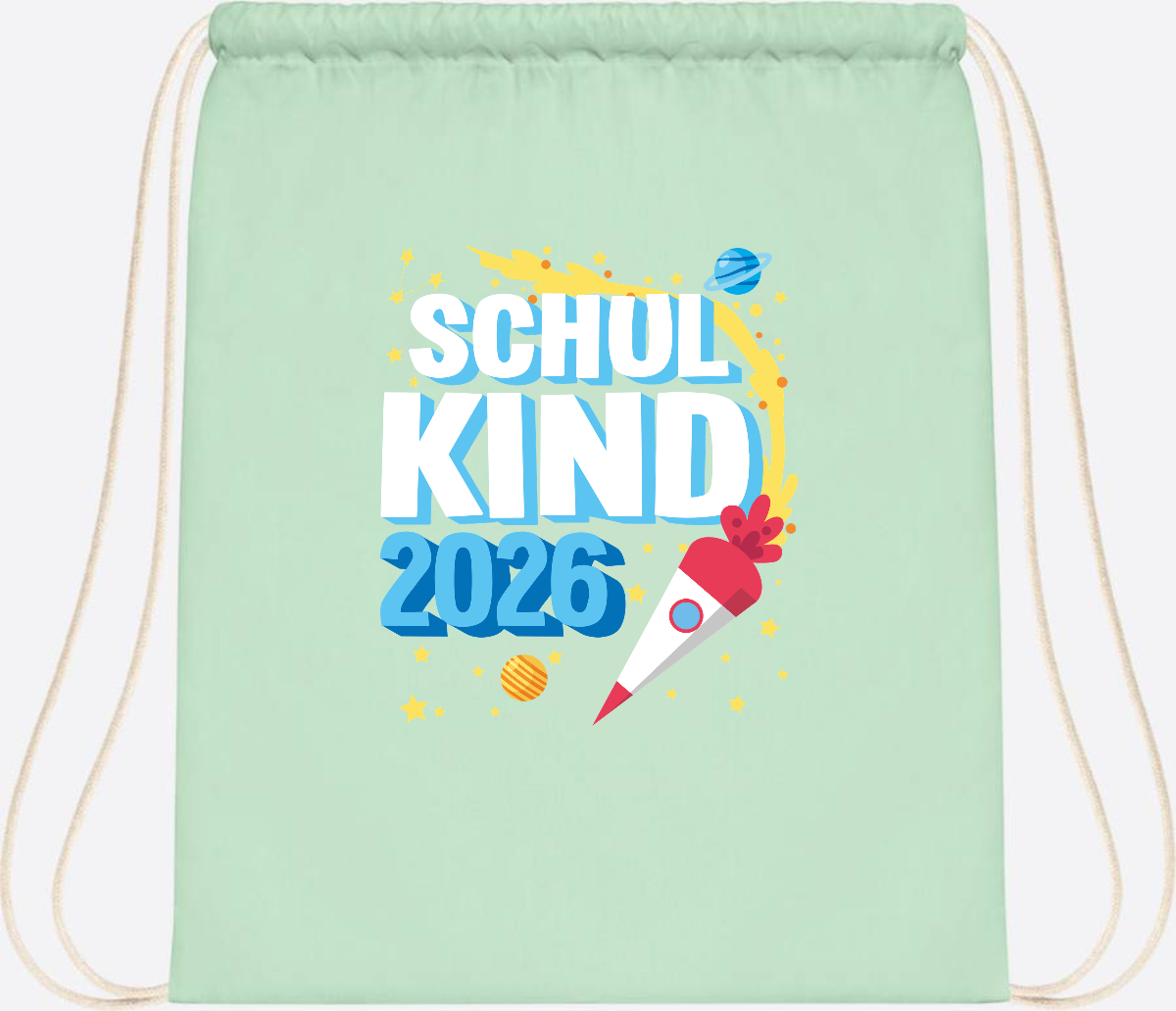 Turnbeutel Endlich Schulkind 2025 Rakete personalisiert - Pastel Mint/White