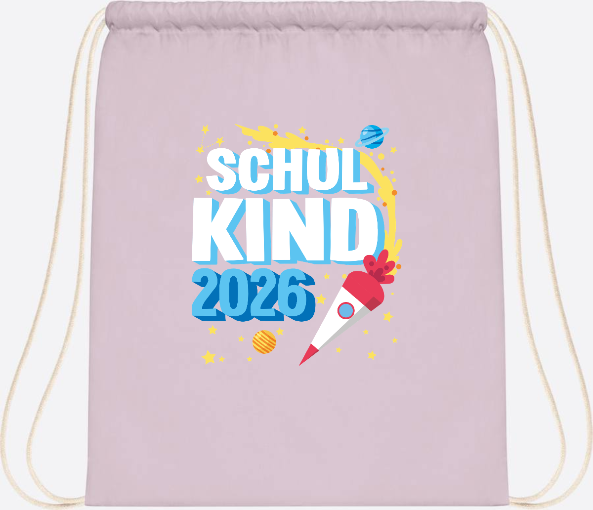 Turnbeutel Endlich Schulkind 2025 Rakete personalisiert - Pastel Pink/White