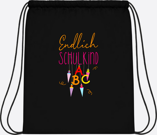 Turnbeutel Endlich Schulkind – mit Namen personalisiert - Black/Black