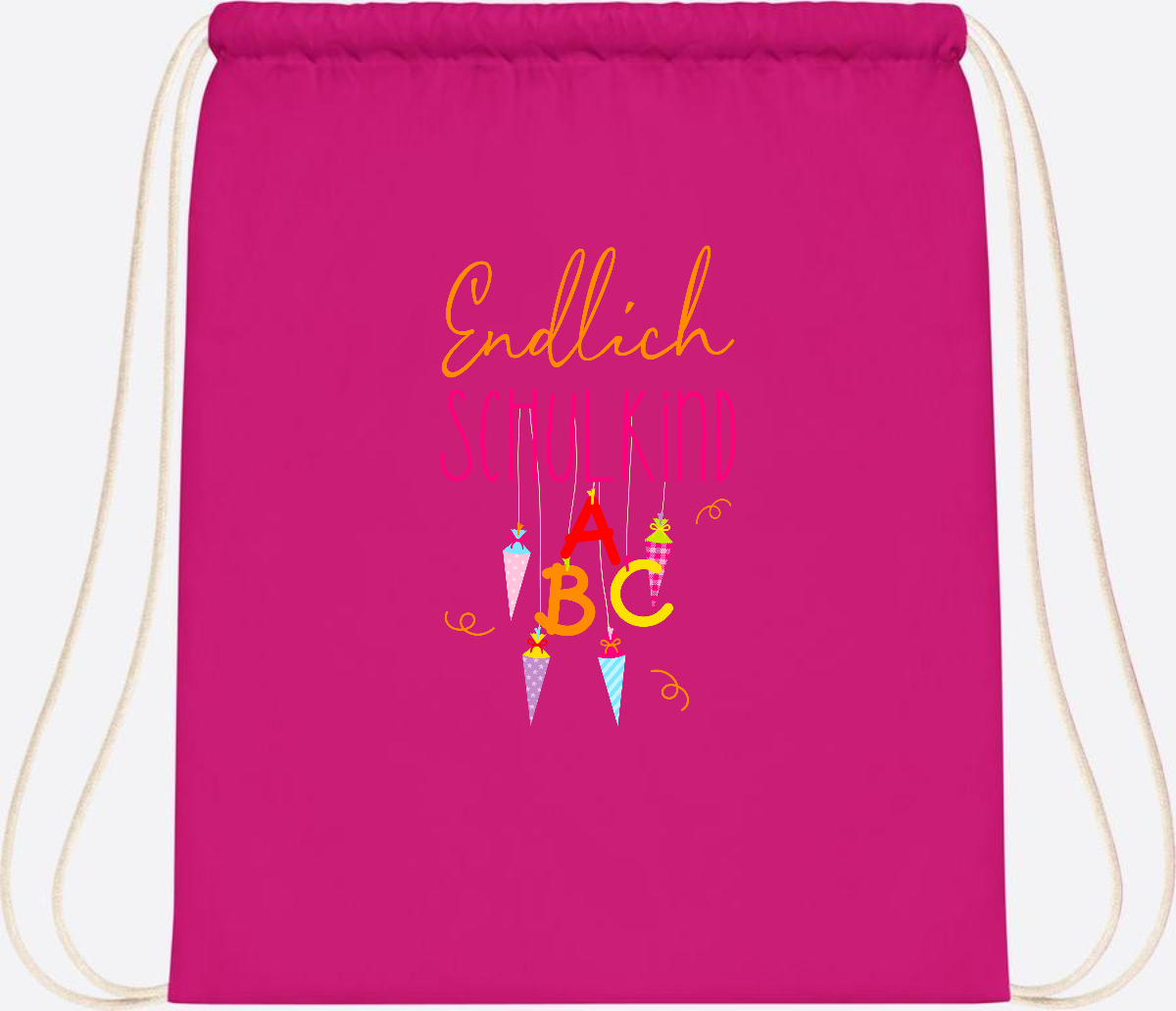 Turnbeutel Endlich Schulkind – mit Namen personalisiert - Fuchsia