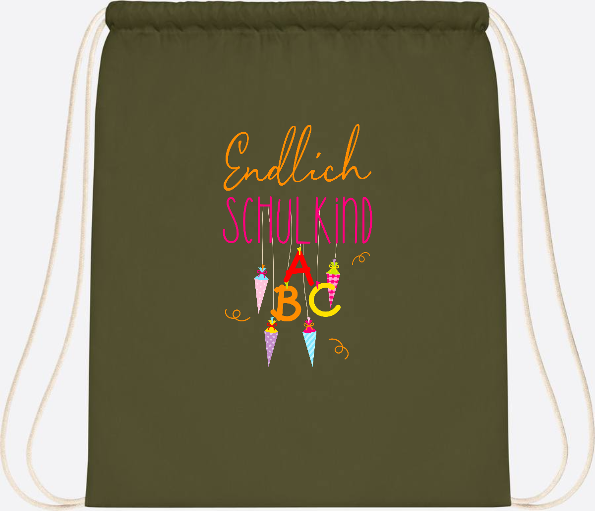 Turnbeutel Endlich Schulkind – mit Namen personalisiert - Olive Green