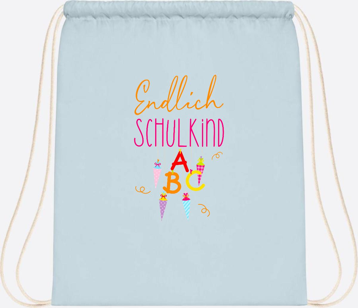 Turnbeutel Endlich Schulkind – mit Namen personalisiert - Pastel Blue/White