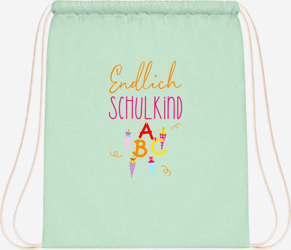 Turnbeutel Endlich Schulkind – mit Namen personalisiert - Pastel Mint/White