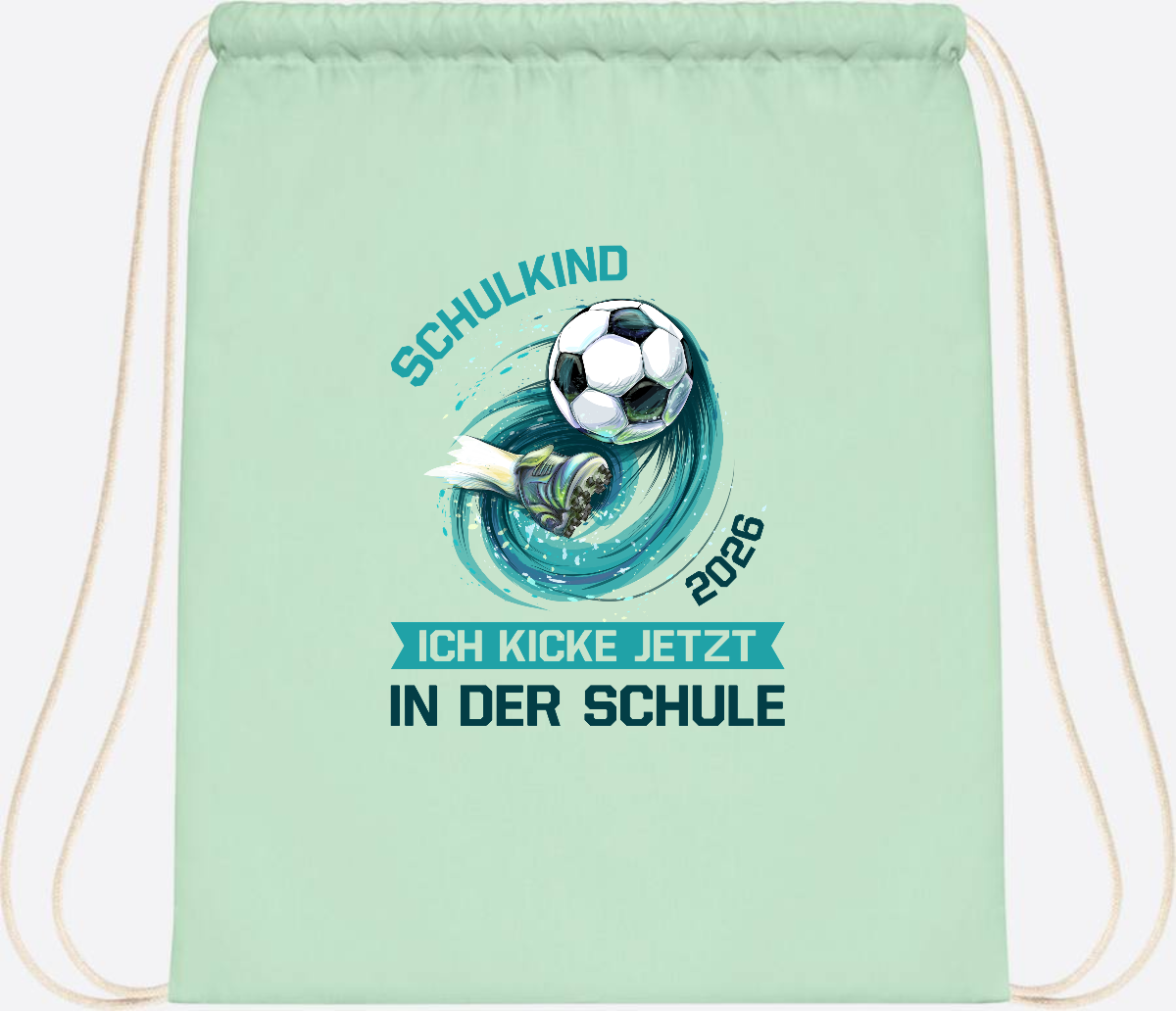 Turnbeutel Fußball Schulkind 2026 – Geschenk zur Einschulung - Pastel Mint/White