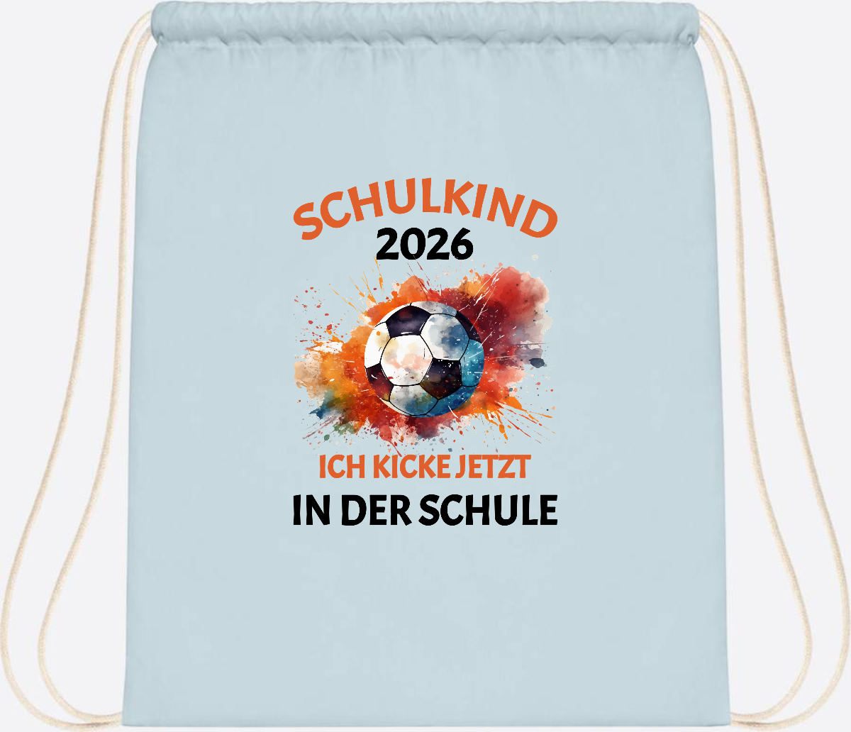 Turnbeutel Fußball Schulkind 2026 - Ich kicke in der Schule - Pastel Blue/White
