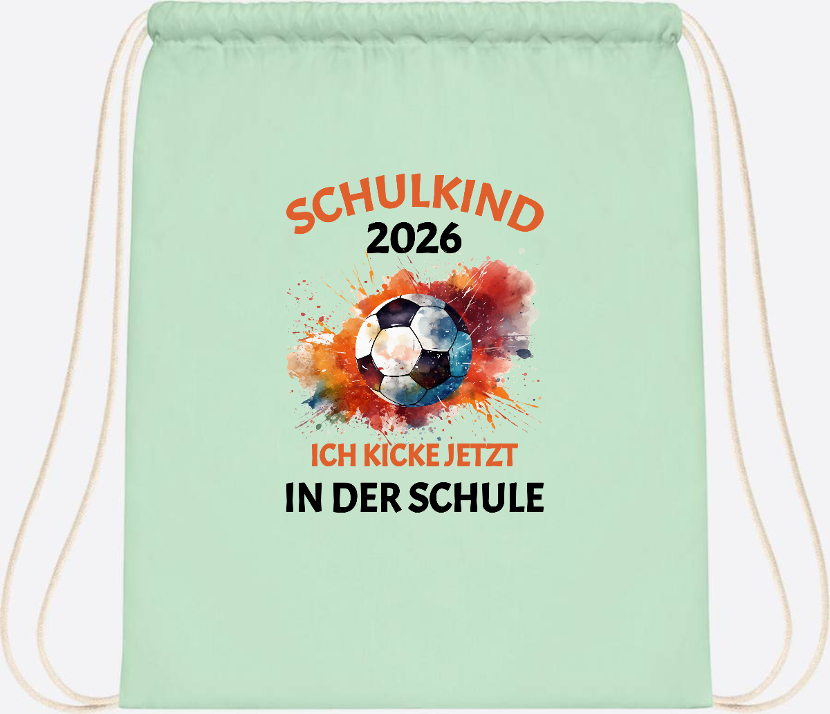 Turnbeutel Fußball Schulkind 2026 - Ich kicke in der Schule - Pastel Mint/White