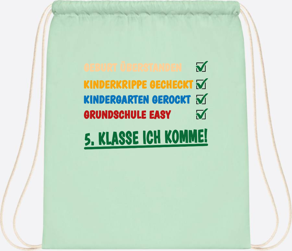 Turnbeutel Grundschule überstanden - 5. Klasse ich komme! - Pastel Mint/White