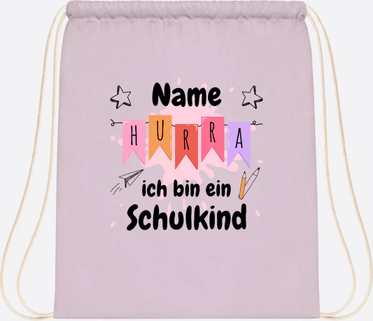 Turnbeutel Hurra ich bin ein Schulkind mit Name - Pastel Pink/White