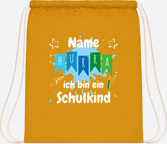 Turnbeutel Hurra ich bin ein Schulkind - Personalisiert mit Name - Mustard