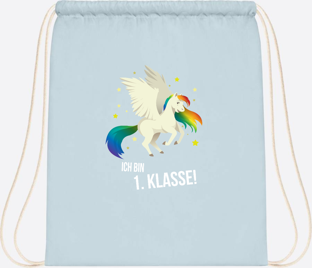 Turnbeutel "Ich bin 1. Klasse" mit Name – Geschenk zur Einschulung - Pastel Blue/White