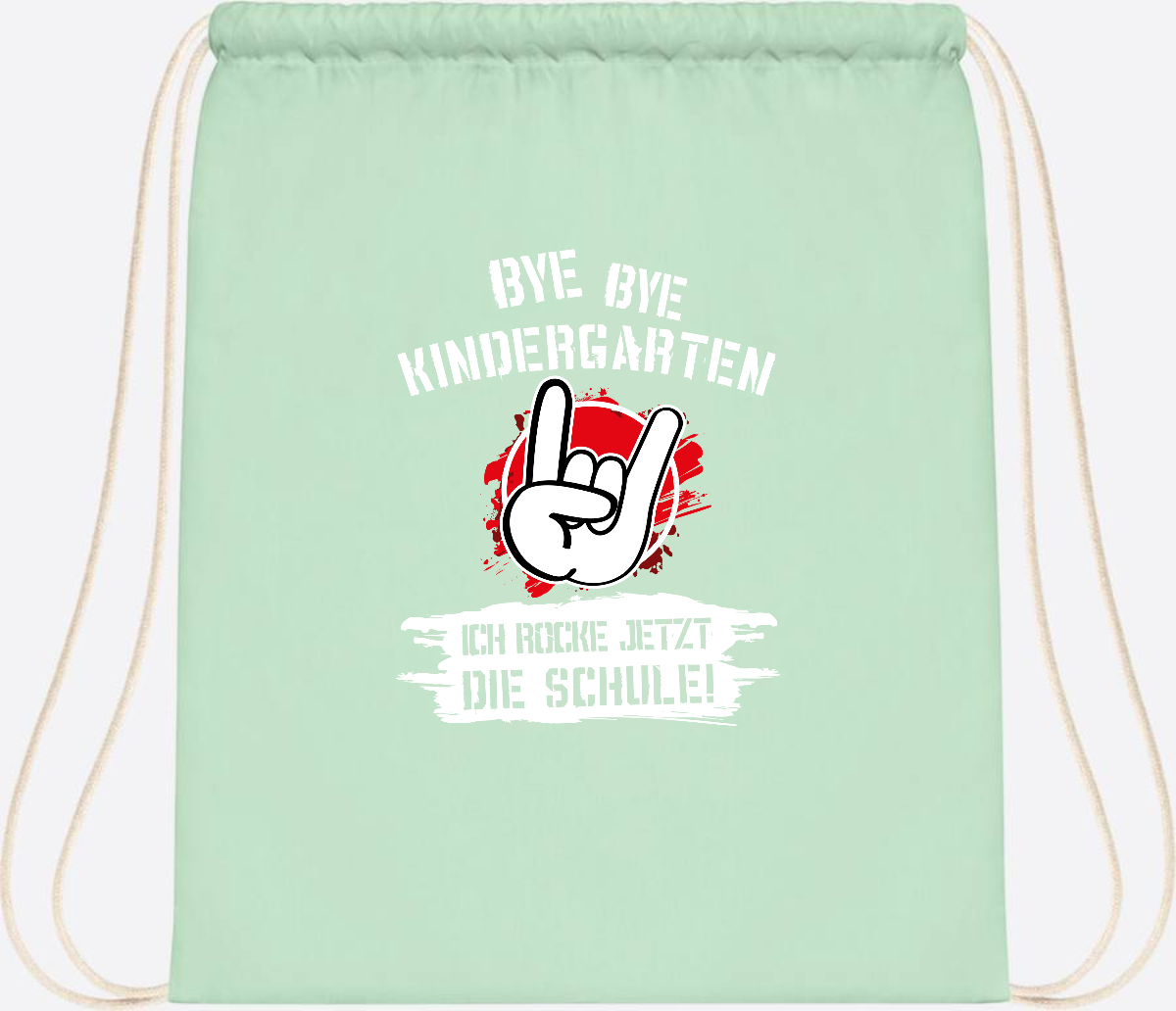 Turnbeutel 'Ich rocke die Schule' mit Name – Grunge Rot - Pastel Mint/White