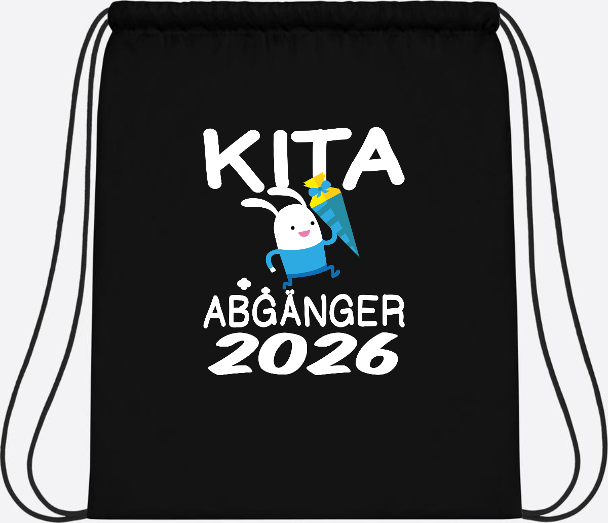 Turnbeutel Kita Abgänger 2026 – Hase mit Schultüte - Black/Black