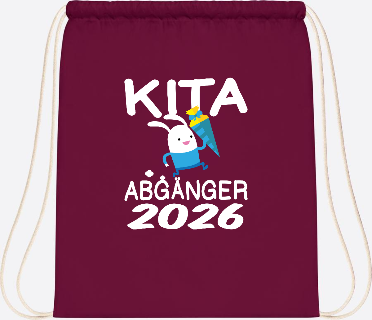 Turnbeutel Kita Abgänger 2026 – Hase mit Schultüte - Burgundy