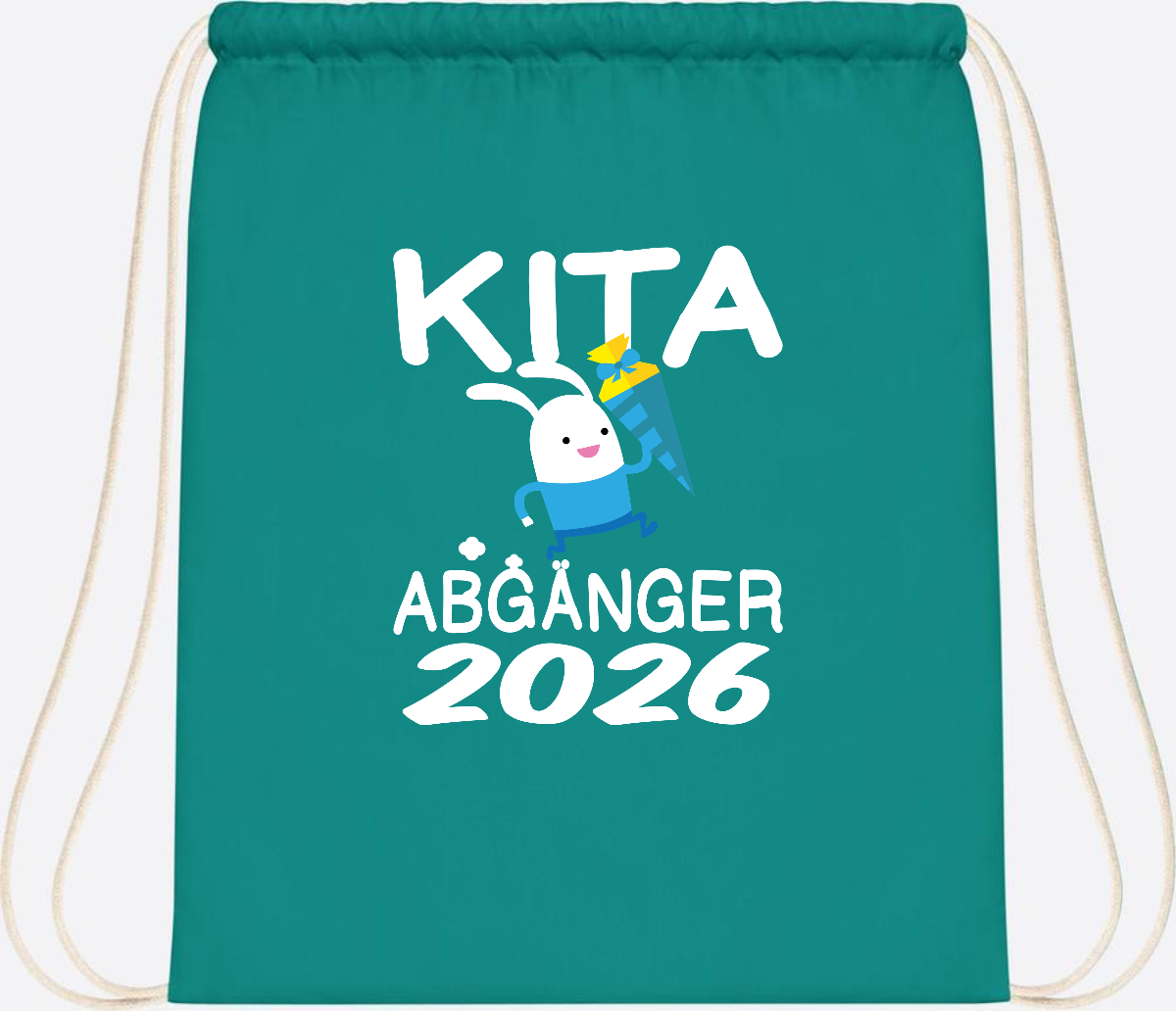 Turnbeutel Kita Abgänger 2026 – Hase mit Schultüte - Emerald