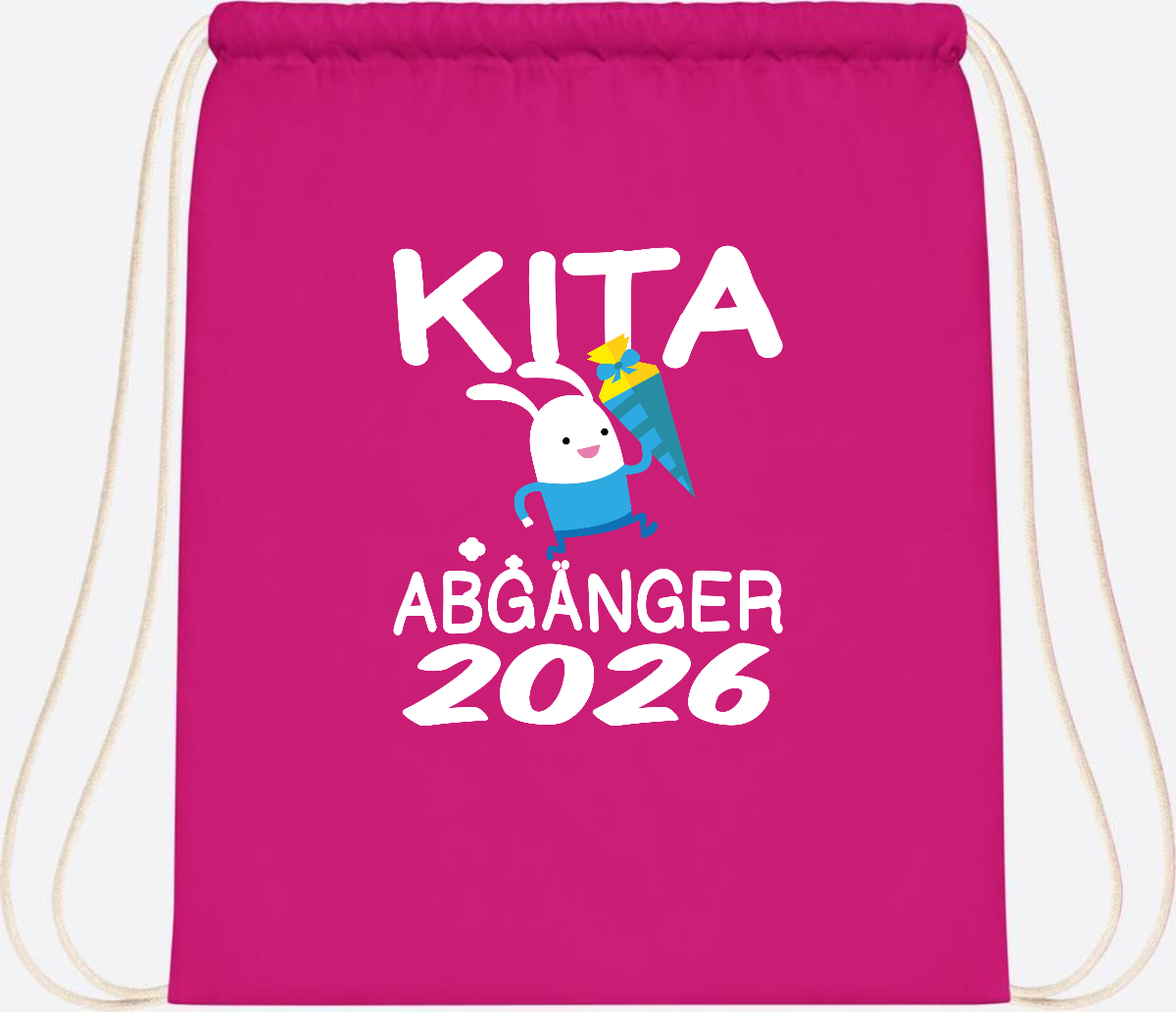 Turnbeutel Kita Abgänger 2026 – Hase mit Schultüte - Fuchsia