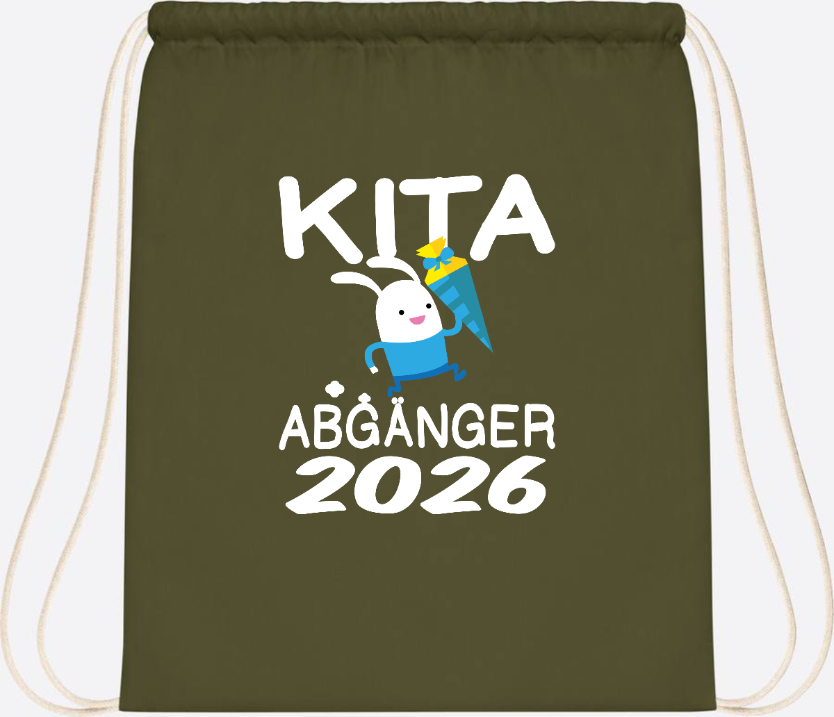 Turnbeutel Kita Abgänger 2026 – Hase mit Schultüte - Olive Green