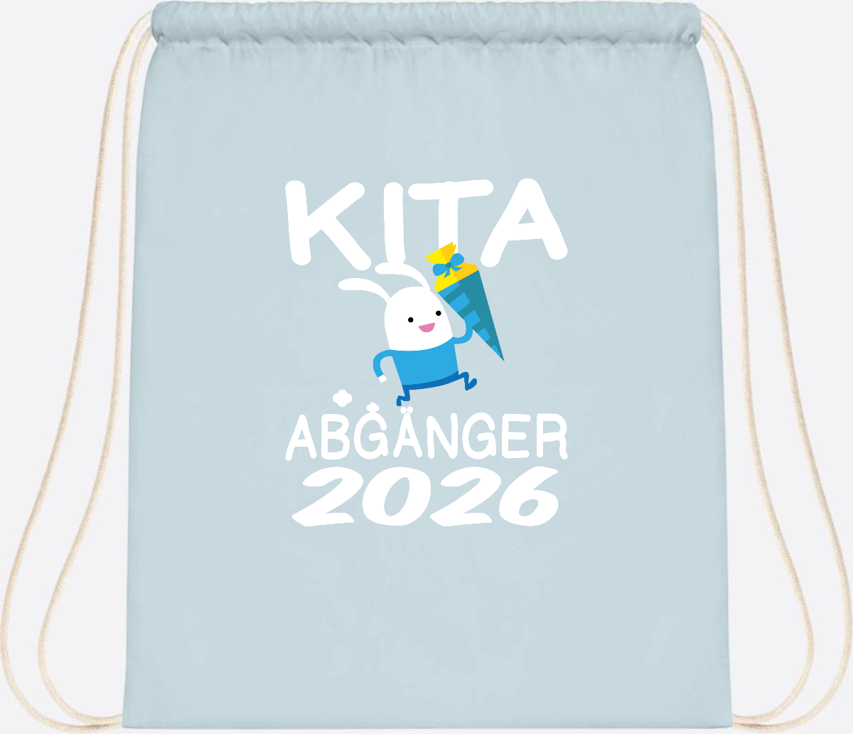 Turnbeutel Kita Abgänger 2026 – Hase mit Schultüte - Pastel Blue/White