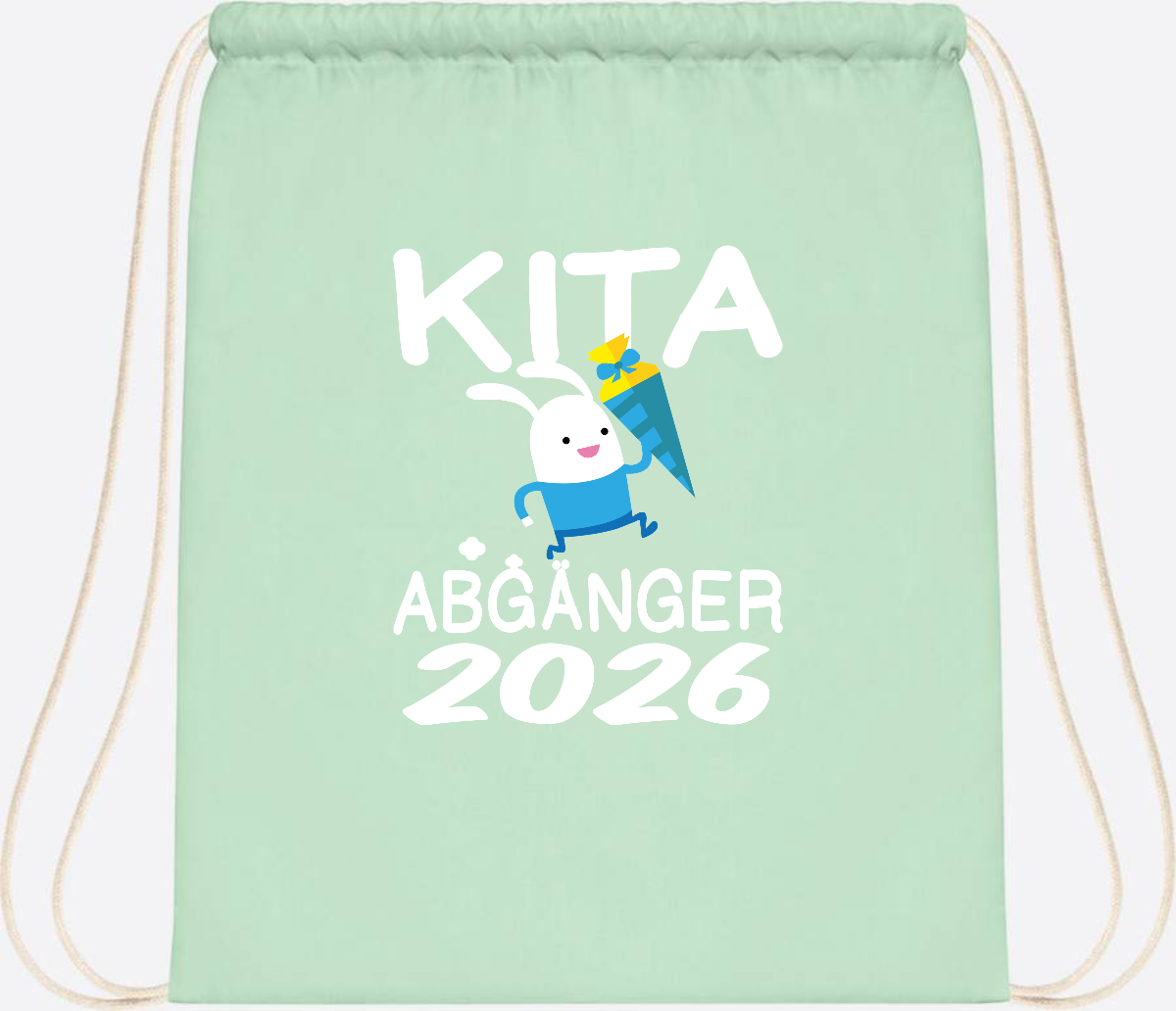 Turnbeutel Kita Abgänger 2026 – Hase mit Schultüte - Pastel Mint/White