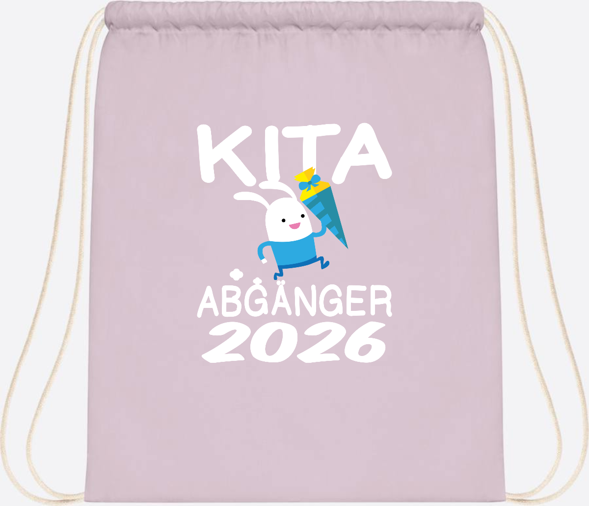Turnbeutel Kita Abgänger 2026 – Hase mit Schultüte - Pastel Pink/White