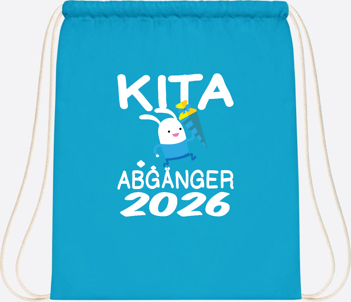 Turnbeutel Kita Abgänger 2026 – Hase mit Schultüte - Surf Blue