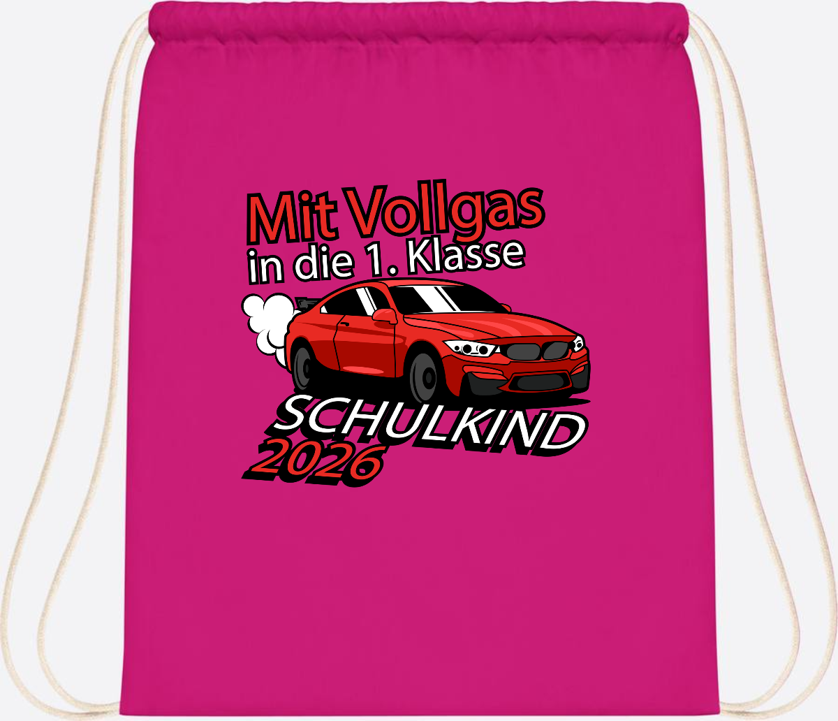 Turnbeutel mit Namen – Vollgas in die 1. Klasse 2026 - Fuchsia