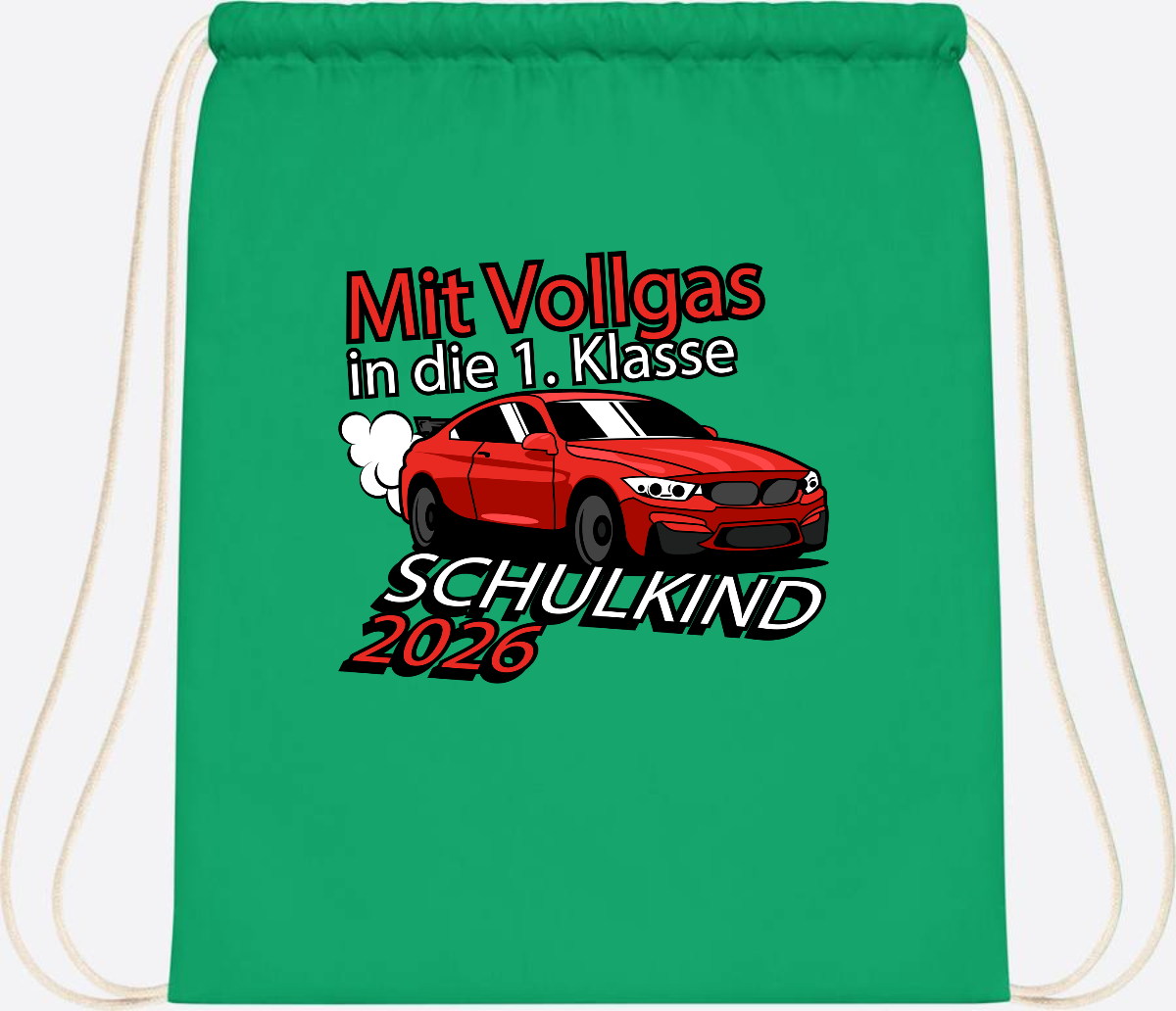 Turnbeutel mit Namen – Vollgas in die 1. Klasse 2026 - Kelly Green