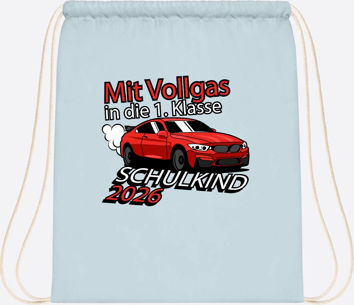 Turnbeutel mit Namen – Vollgas in die 1. Klasse 2026 - Pastel Blue/White