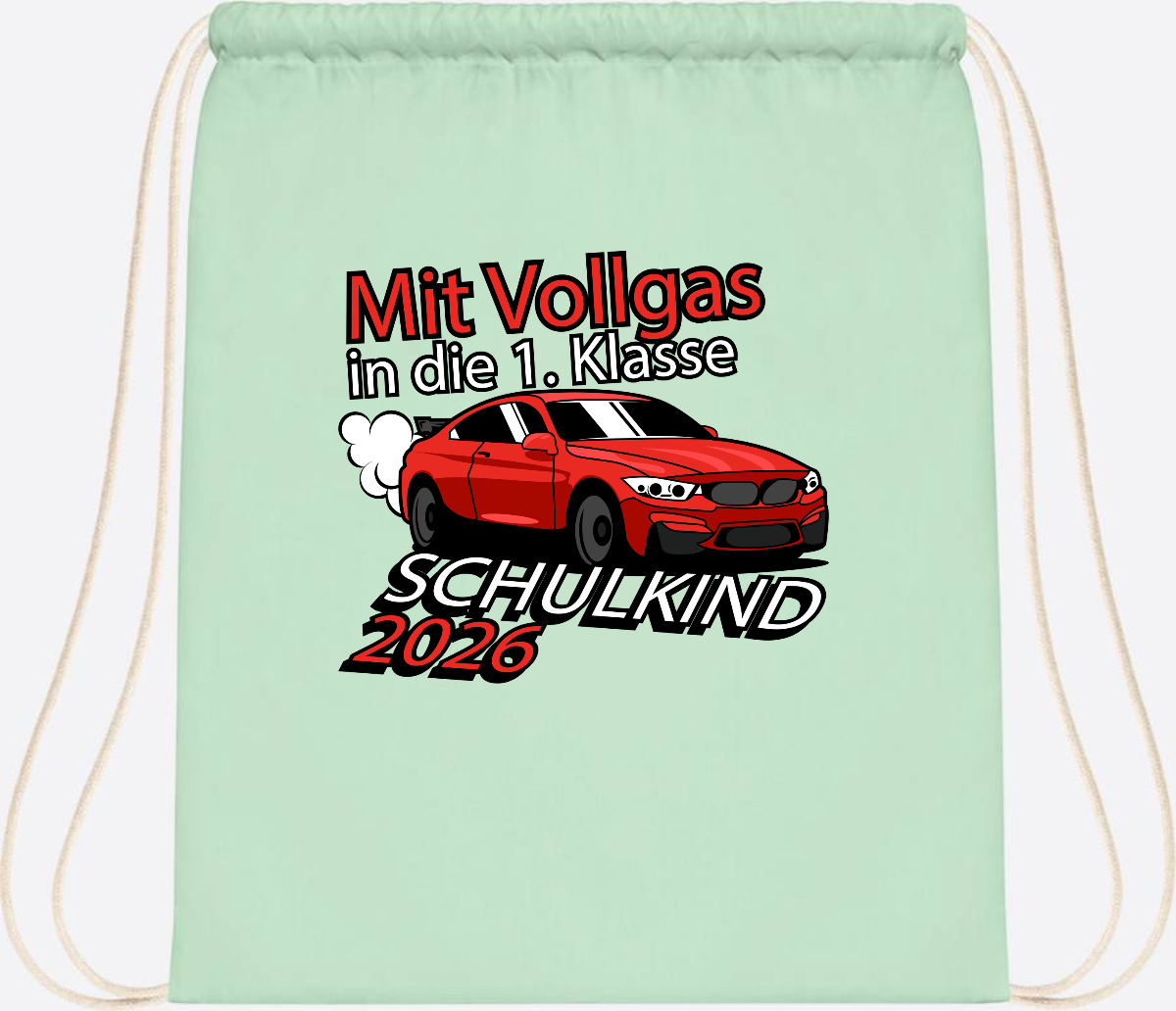 Turnbeutel mit Namen – Vollgas in die 1. Klasse 2026 - Pastel Mint/White
