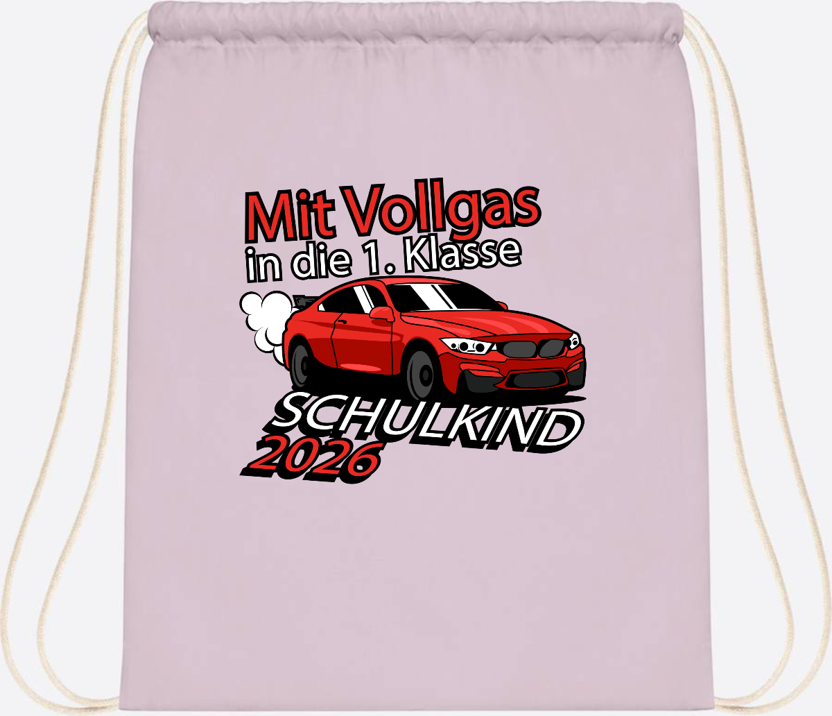 Turnbeutel mit Namen – Vollgas in die 1. Klasse 2026 - Pastel Pink/White