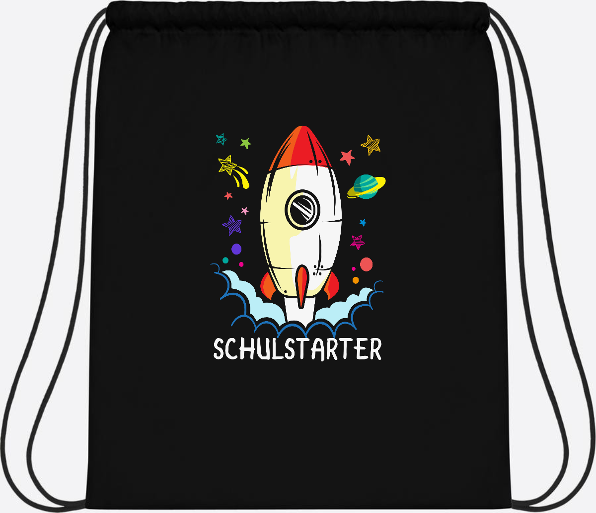 Turnbeutel mit Namen zur Einschulung – Bunte Schulstarter-Rakete - Black/Black