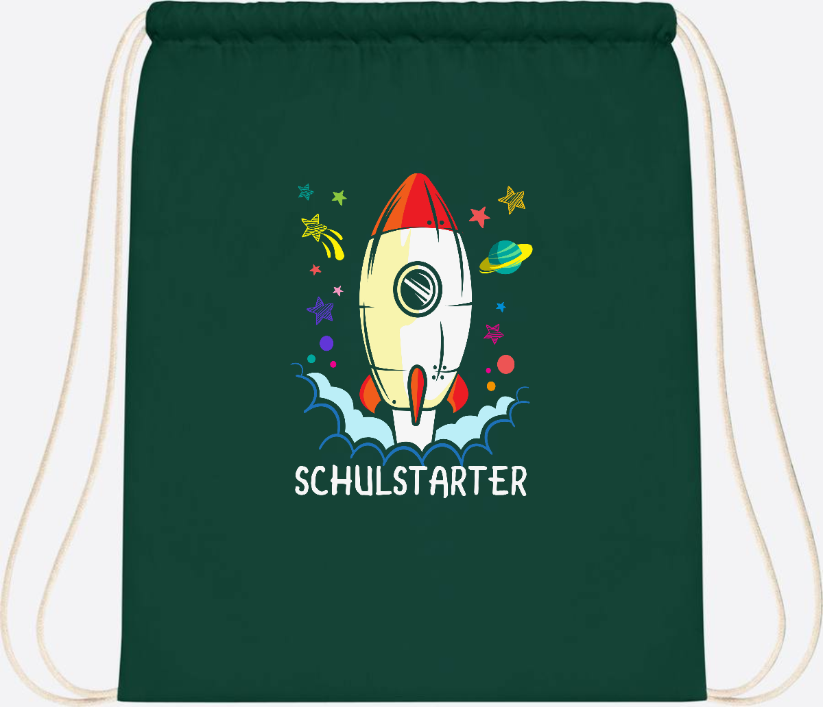 Turnbeutel mit Namen zur Einschulung – Bunte Schulstarter-Rakete - Bottle Green
