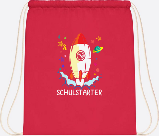 Turnbeutel mit Namen zur Einschulung – Bunte Schulstarter-Rakete - Bright Red