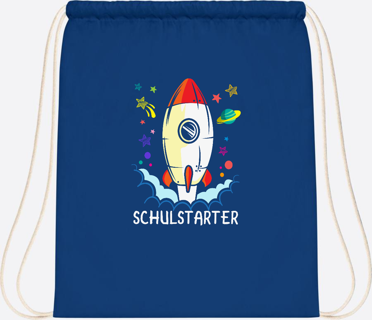 Turnbeutel mit Namen zur Einschulung – Bunte Schulstarter-Rakete - Bright Royal