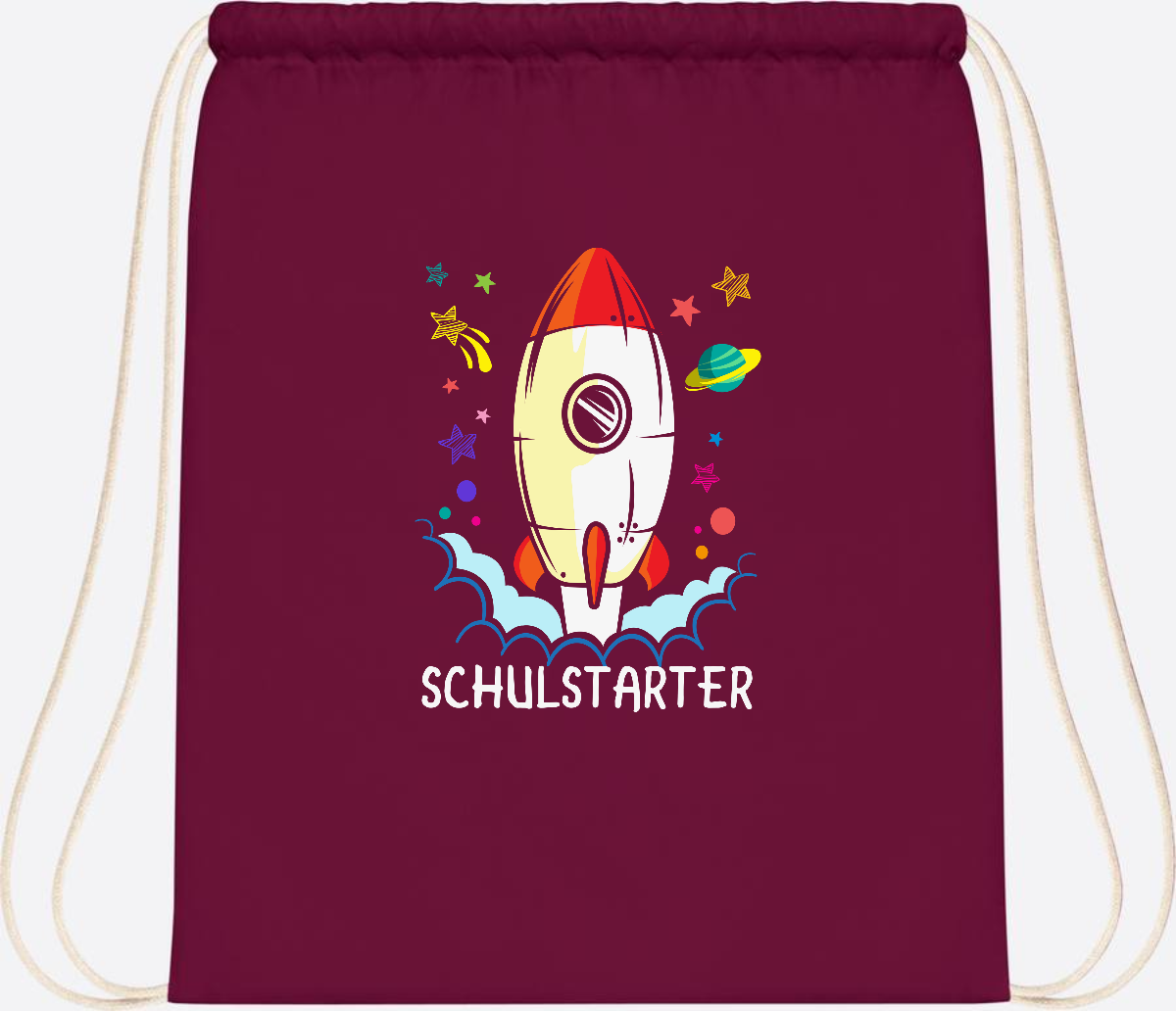 Turnbeutel mit Namen zur Einschulung – Bunte Schulstarter-Rakete - Burgundy