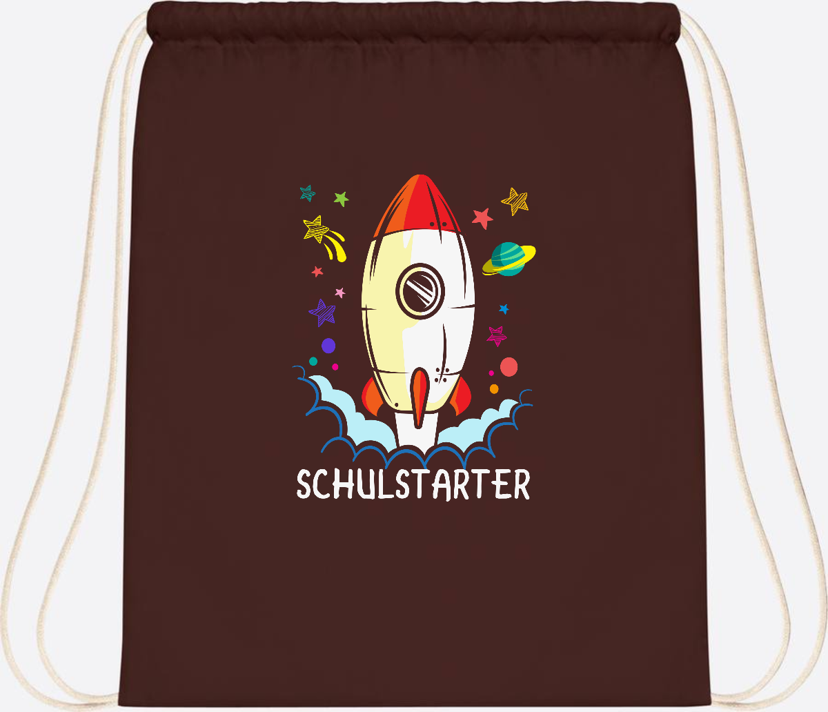 Turnbeutel mit Namen zur Einschulung – Bunte Schulstarter-Rakete - Chocolate