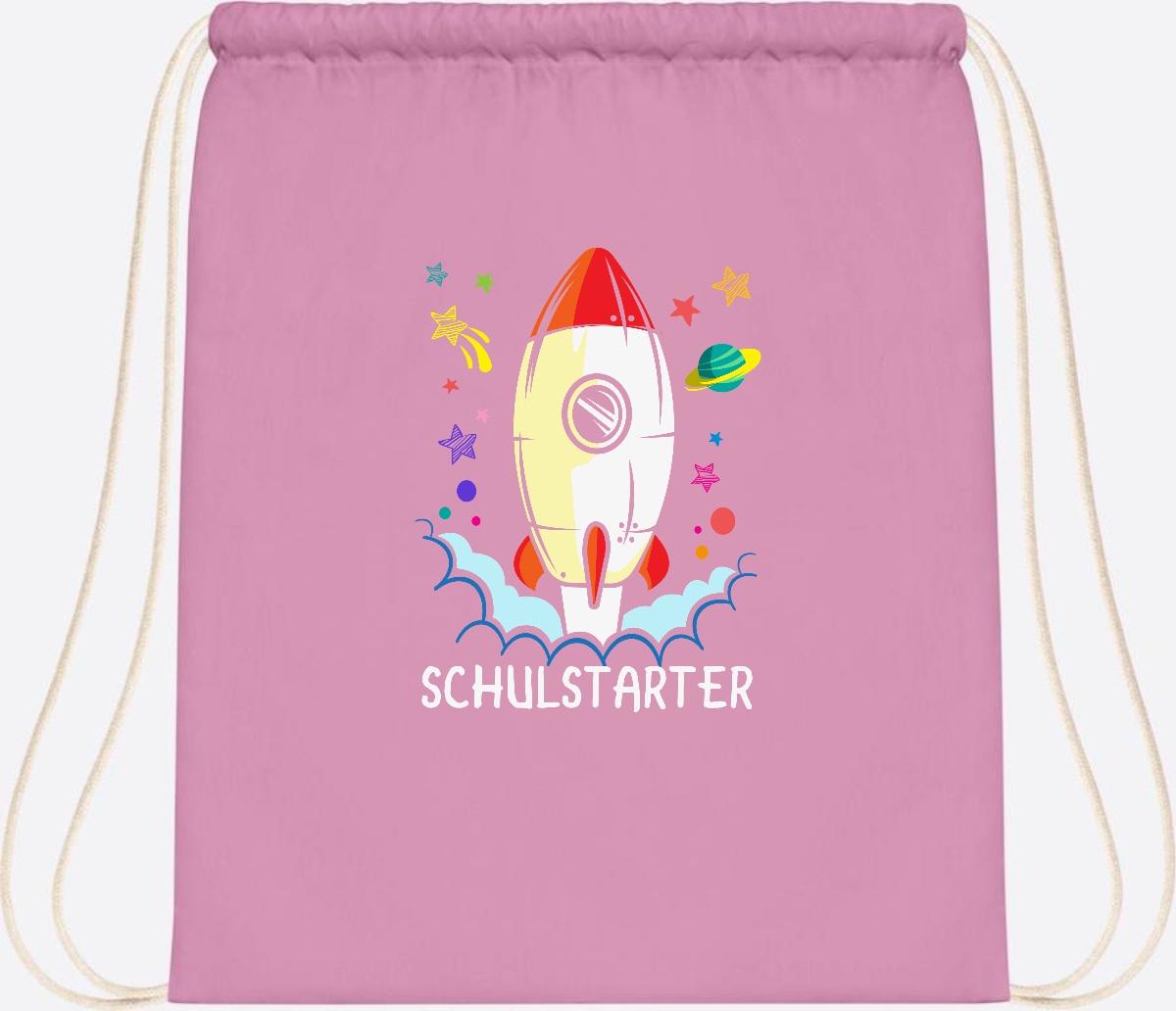 Turnbeutel mit Namen zur Einschulung – Bunte Schulstarter-Rakete - Classic Pink/White