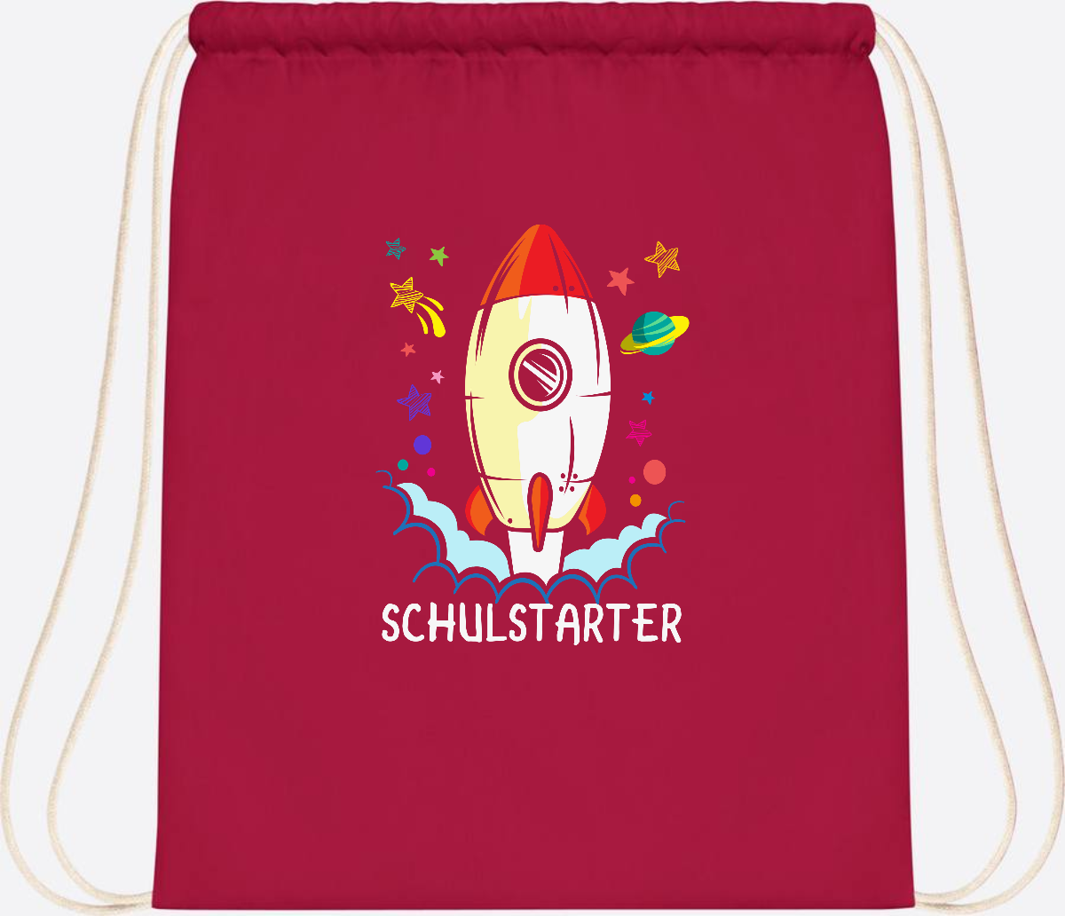 Turnbeutel mit Namen zur Einschulung – Bunte Schulstarter-Rakete - Classic Red