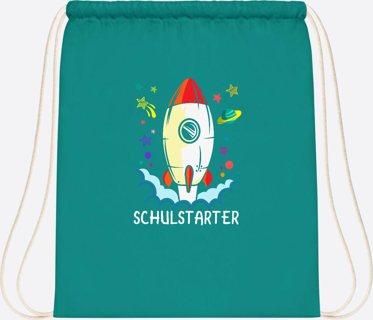 Turnbeutel mit Namen zur Einschulung – Bunte Schulstarter-Rakete - Emerald