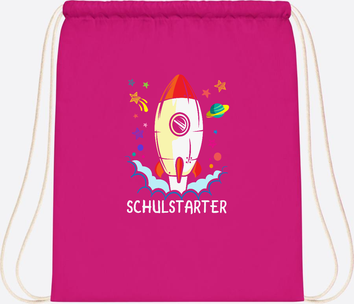 Turnbeutel mit Namen zur Einschulung – Bunte Schulstarter-Rakete - Fuchsia