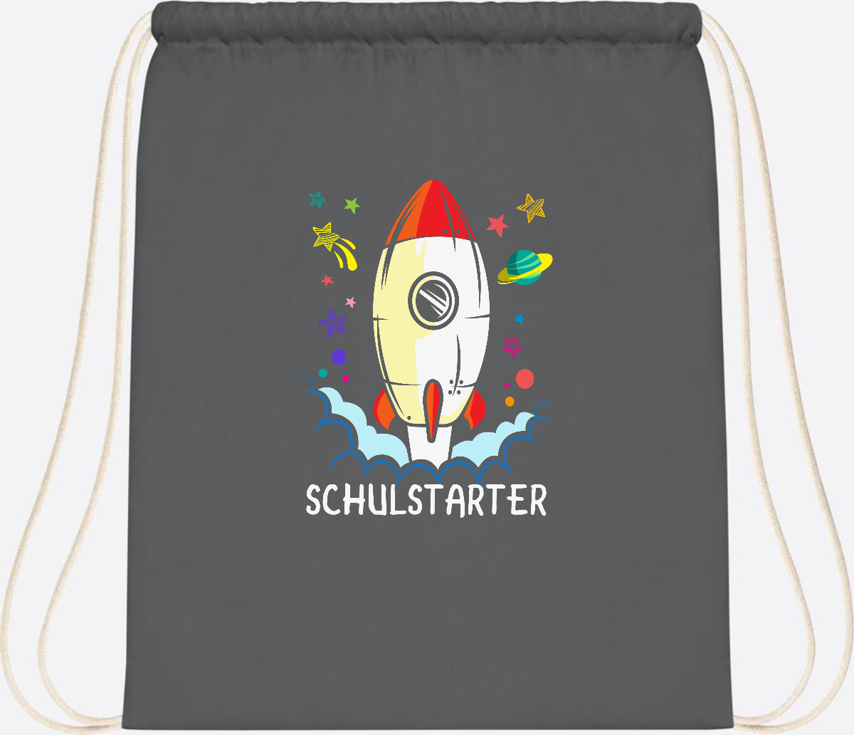 Turnbeutel mit Namen zur Einschulung – Bunte Schulstarter-Rakete - Graphite Grey