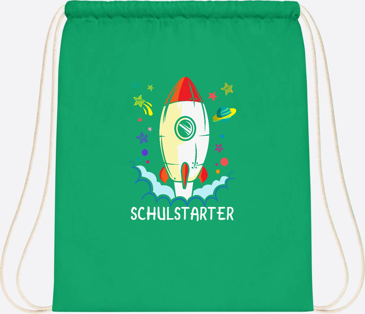 Turnbeutel mit Namen zur Einschulung – Bunte Schulstarter-Rakete - Kelly Green