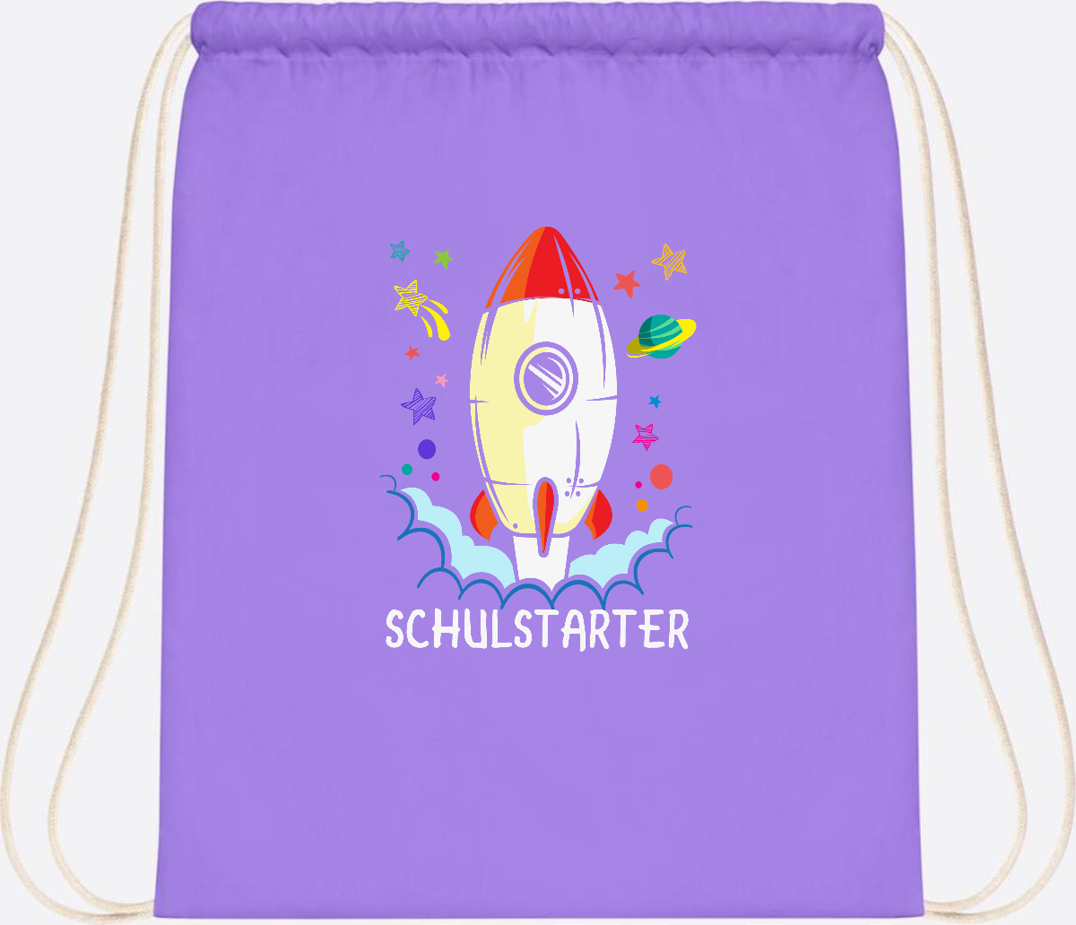 Turnbeutel mit Namen zur Einschulung – Bunte Schulstarter-Rakete - Lavender/White