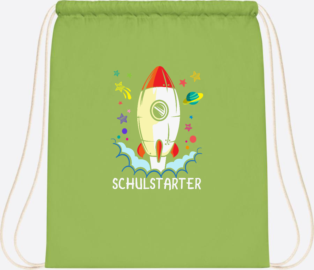 Turnbeutel mit Namen zur Einschulung – Bunte Schulstarter-Rakete - Lime Green