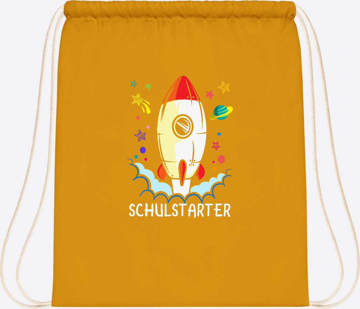 Turnbeutel mit Namen zur Einschulung – Bunte Schulstarter-Rakete - Mustard