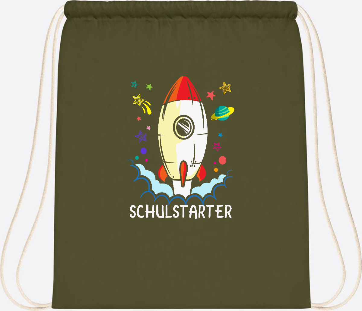 Turnbeutel mit Namen zur Einschulung – Bunte Schulstarter-Rakete - Olive Green