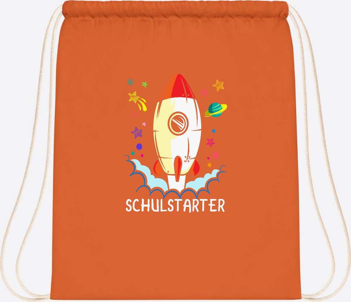 Turnbeutel mit Namen zur Einschulung – Bunte Schulstarter-Rakete - Orange