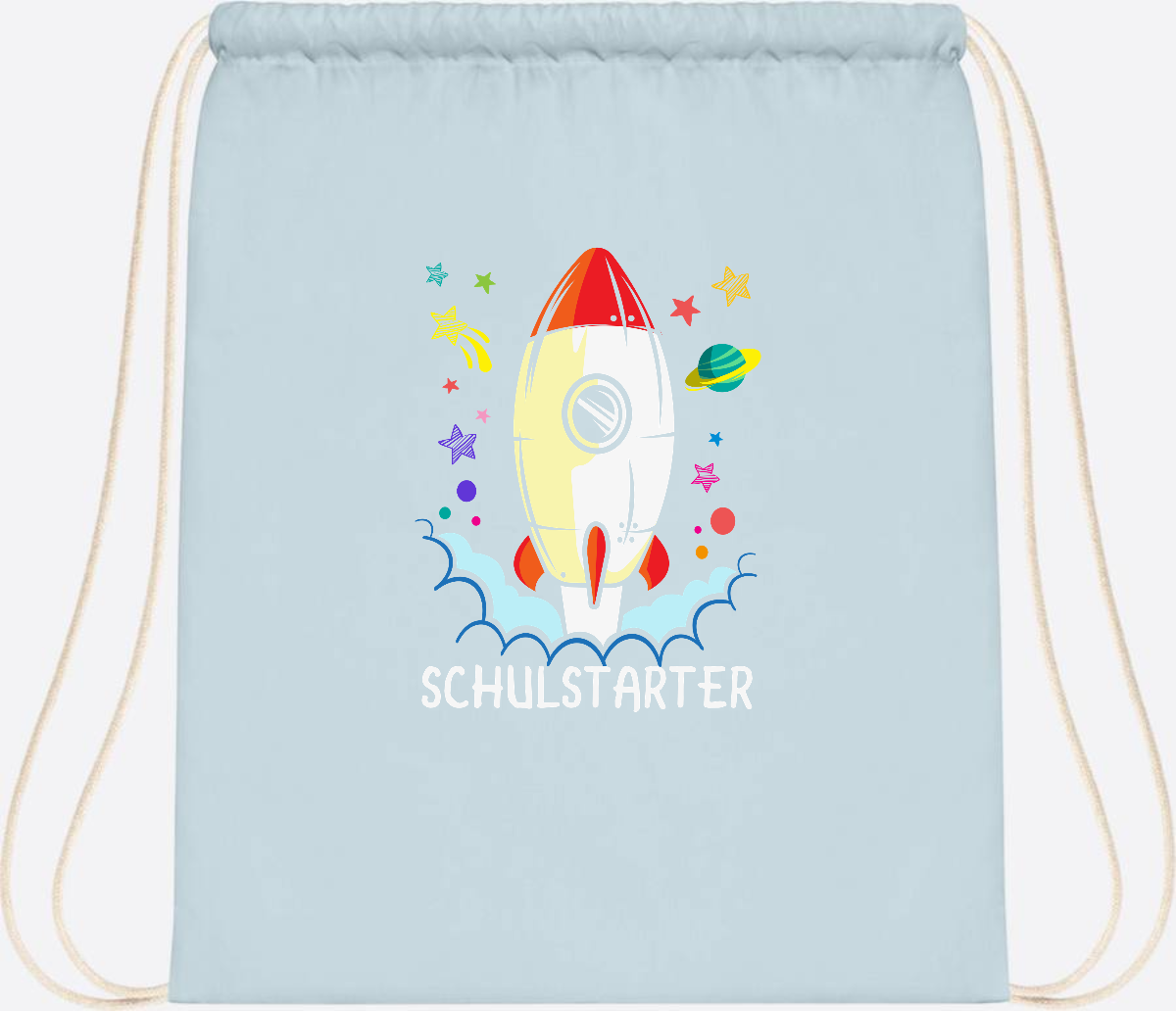 Turnbeutel mit Namen zur Einschulung – Bunte Schulstarter-Rakete - Pastel Blue/White
